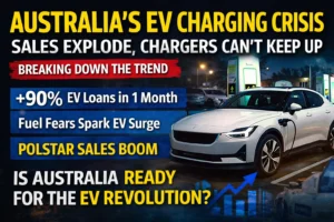 Australia EV charging crisis graphic showing electric car at charging station with headlines about EV sales surge, charging shortages, and infrastructure challenges