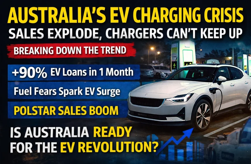 Australia EV charging crisis graphic showing electric car at charging station with headlines about EV sales surge, charging shortages, and infrastructure challenges