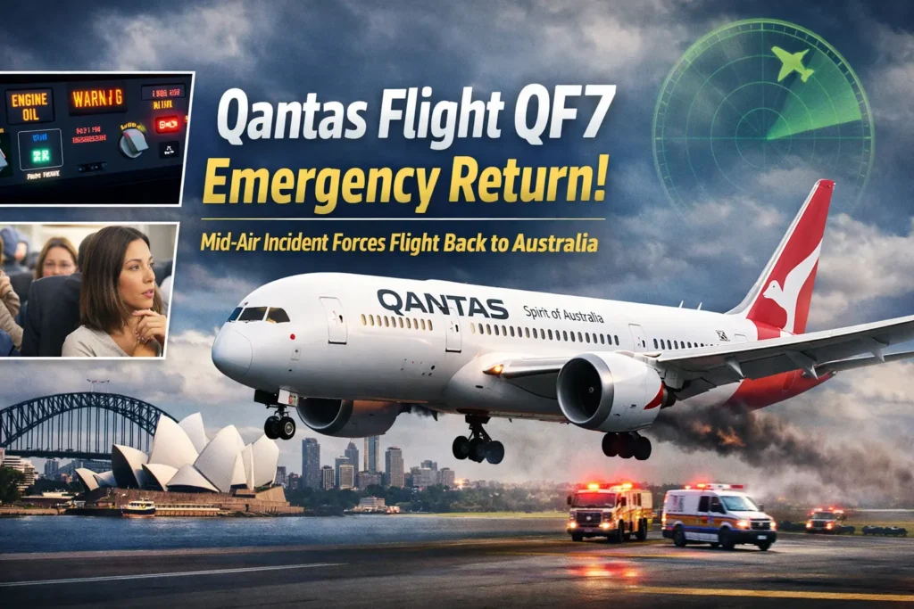 Qantas Flight QF7 making an emergency return with smoke near the engine as emergency vehicles wait on the runway in Sydney