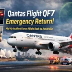 Qantas Flight QF7 making an emergency return with smoke near the engine as emergency vehicles wait on the runway in Sydney