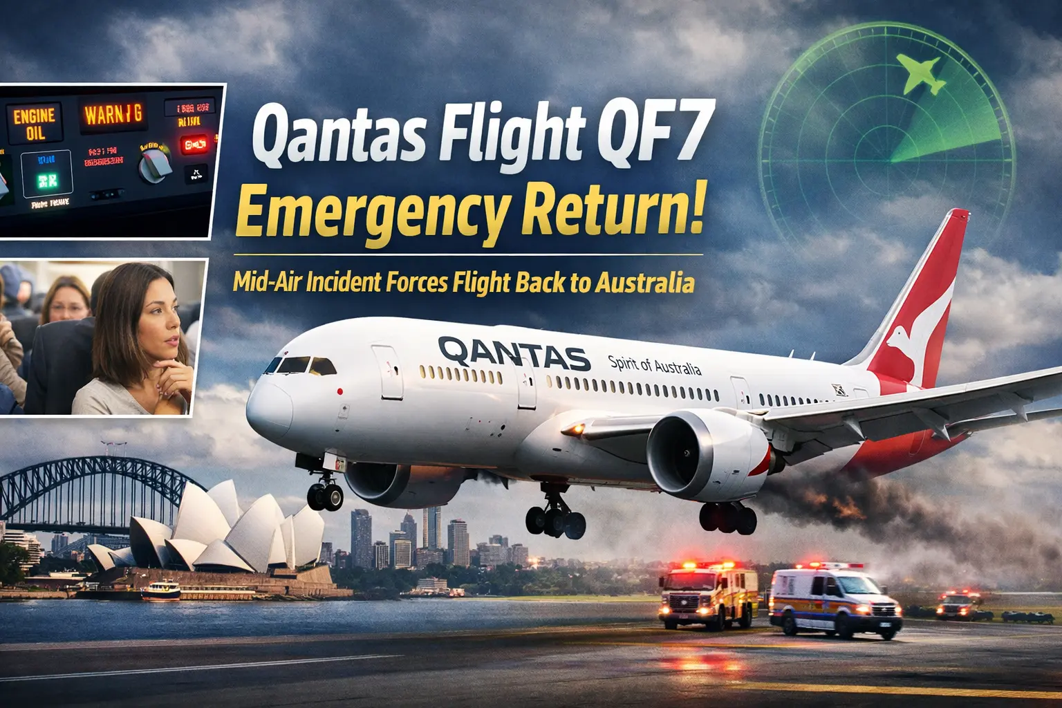Qantas Flight QF7 making an emergency return with smoke near the engine as emergency vehicles wait on the runway in Sydney