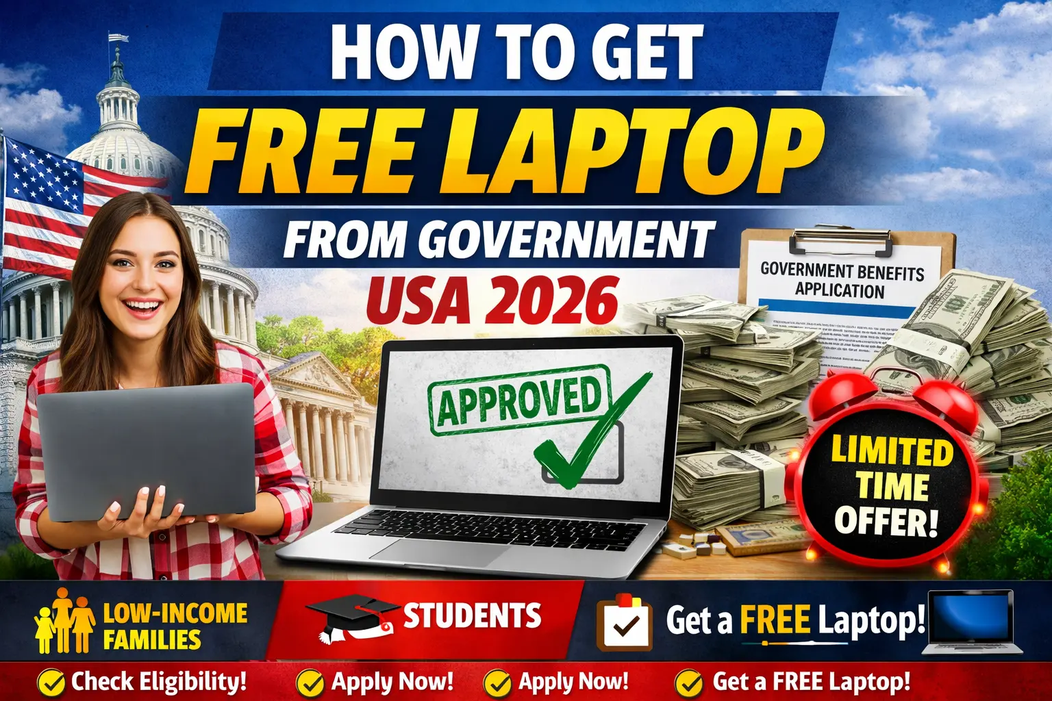 How to get free laptop from government USA 2026 banner showing approved laptop program for students and low income families