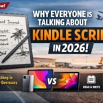 Amazon Kindle Scribe e-reader with stylus showing travel notes and highlighting 2026 features and global launch