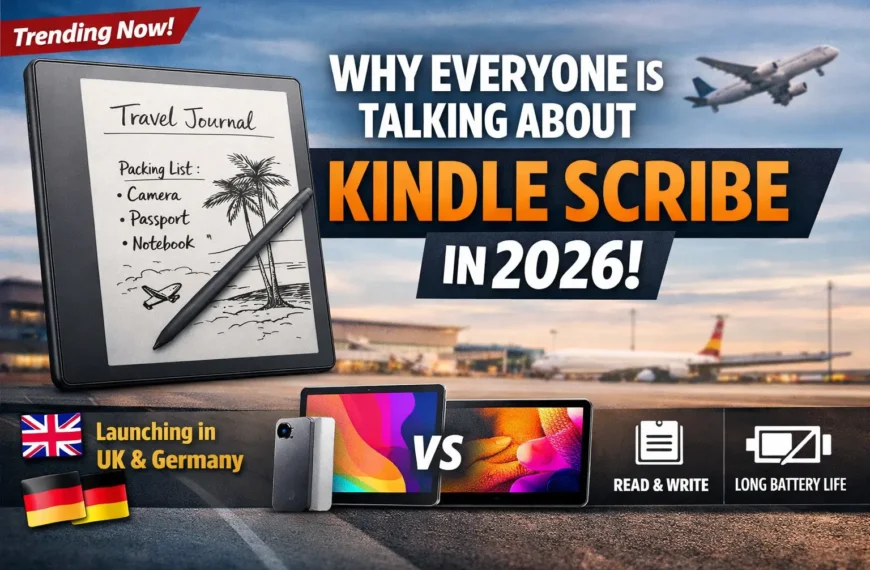 Amazon Kindle Scribe e-reader with stylus showing travel notes and highlighting 2026 features and global launch