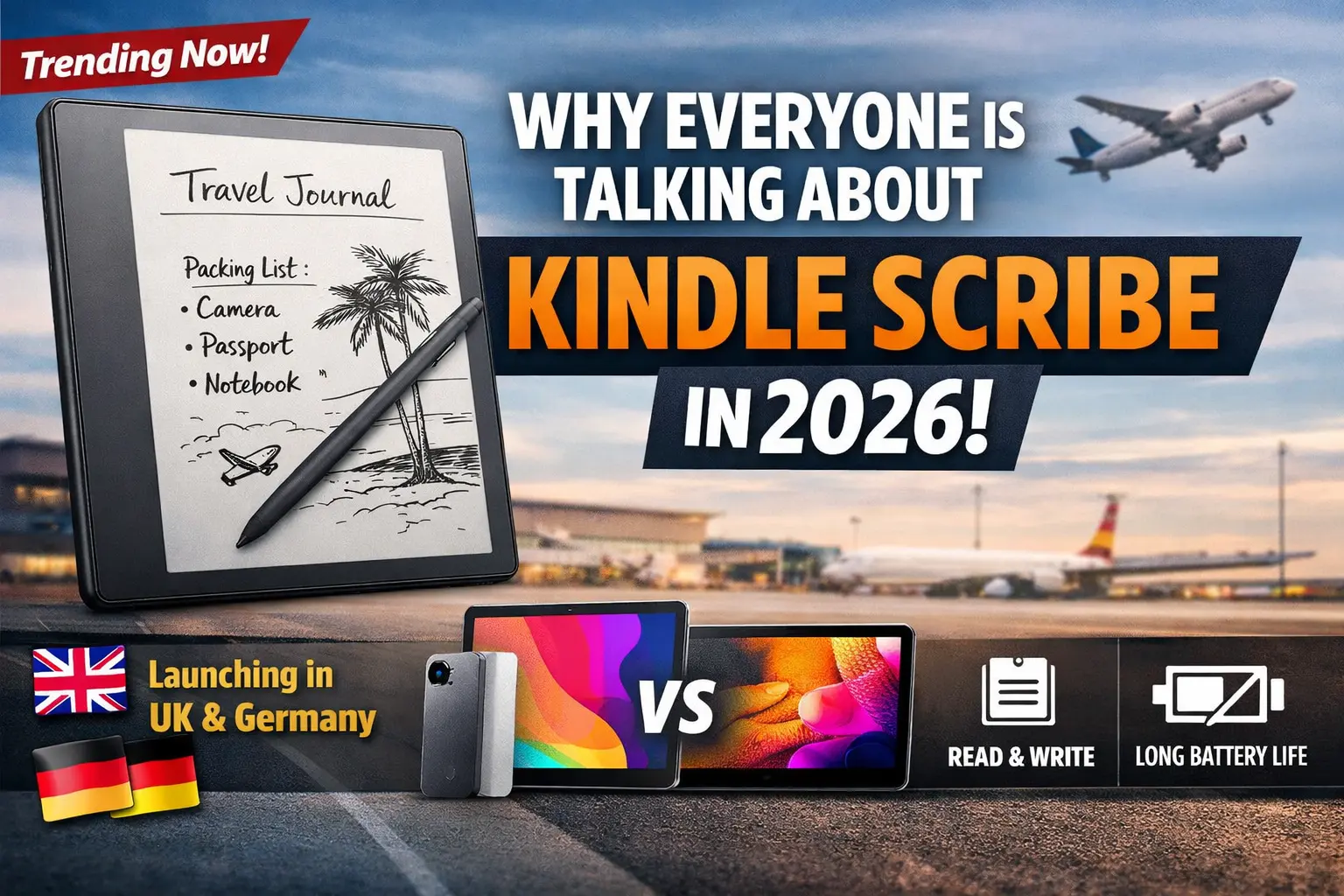 Amazon Kindle Scribe e-reader with stylus showing travel notes and highlighting 2026 features and global launch