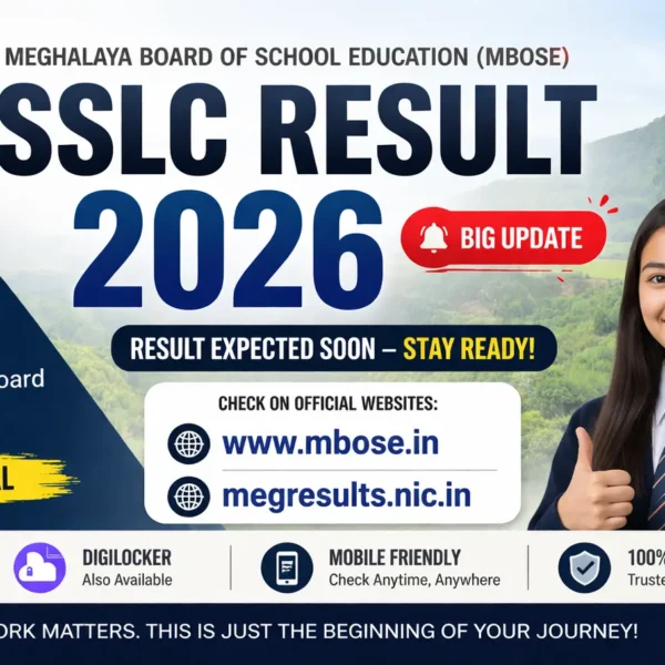 MBOSE SSLC Result 2026 banner showing Meghalaya Board Class 10 result check details on www.mbose.in and megresults.nic.in