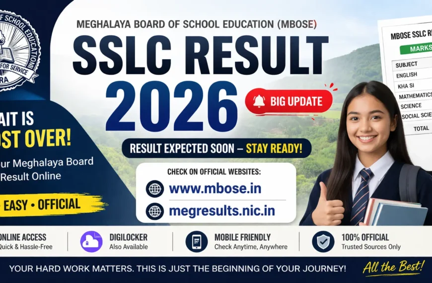 MBOSE SSLC Result 2026 banner showing Meghalaya Board Class 10 result check details on www.mbose.in and megresults.nic.in