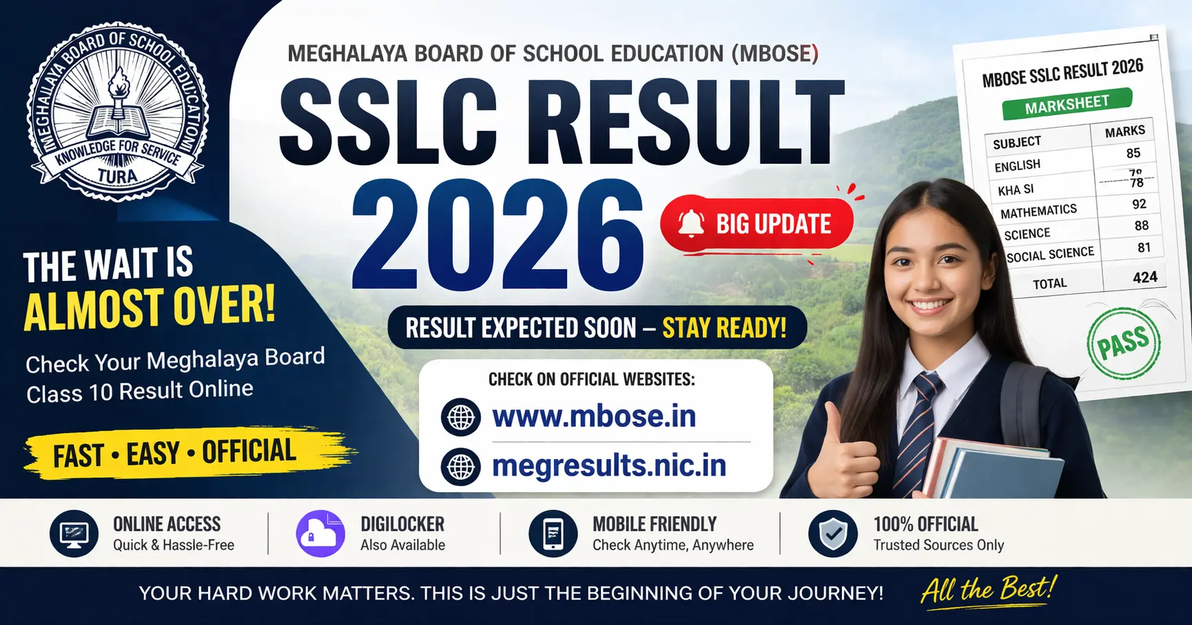 MBOSE SSLC Result 2026 banner showing Meghalaya Board Class 10 result check details on www.mbose.in and megresults.nic.in