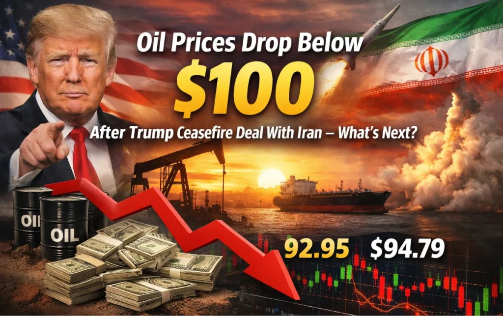 Oil prices drop below $100 after Trump announces Iran ceasefire deal, impacting global crude markets and Strait of Hormuz supply routes