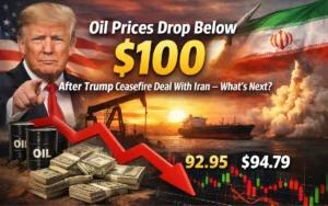 Oil prices drop below $100 after Trump announces Iran ceasefire deal, impacting global crude markets and Strait of Hormuz supply routes