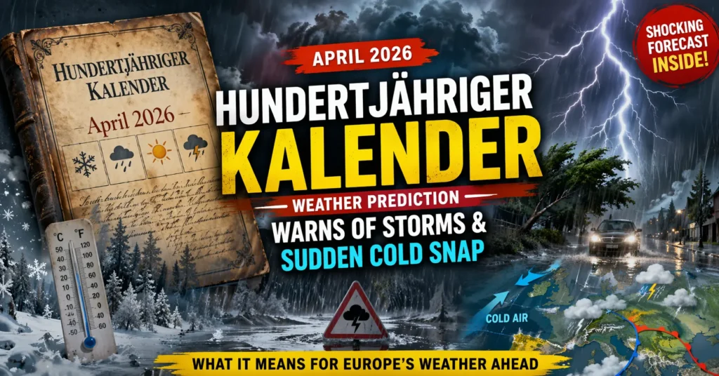 Hundertjähriger Kalender April 2026 weather prediction showing storm, lightning, heavy rain and sudden cold snap across Europe