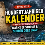 Hundertjähriger Kalender April 2026 weather prediction showing storm, lightning, heavy rain and sudden cold snap across Europe