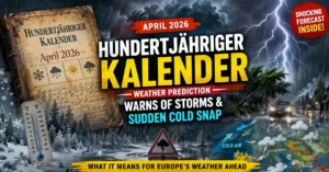 Hundertjähriger Kalender April 2026 weather prediction showing storm, lightning, heavy rain and sudden cold snap across Europe