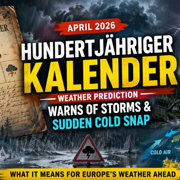 Hundertjähriger Kalender April 2026 weather prediction showing storm, lightning, heavy rain and sudden cold snap across Europe