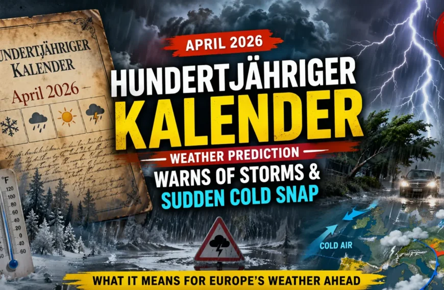 Hundertjähriger Kalender April 2026 weather prediction showing storm, lightning, heavy rain and sudden cold snap across Europe