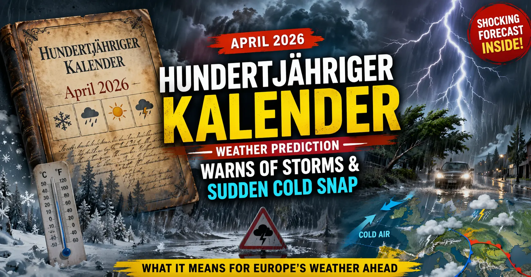 Hundertjähriger Kalender April 2026 weather prediction showing storm, lightning, heavy rain and sudden cold snap across Europe