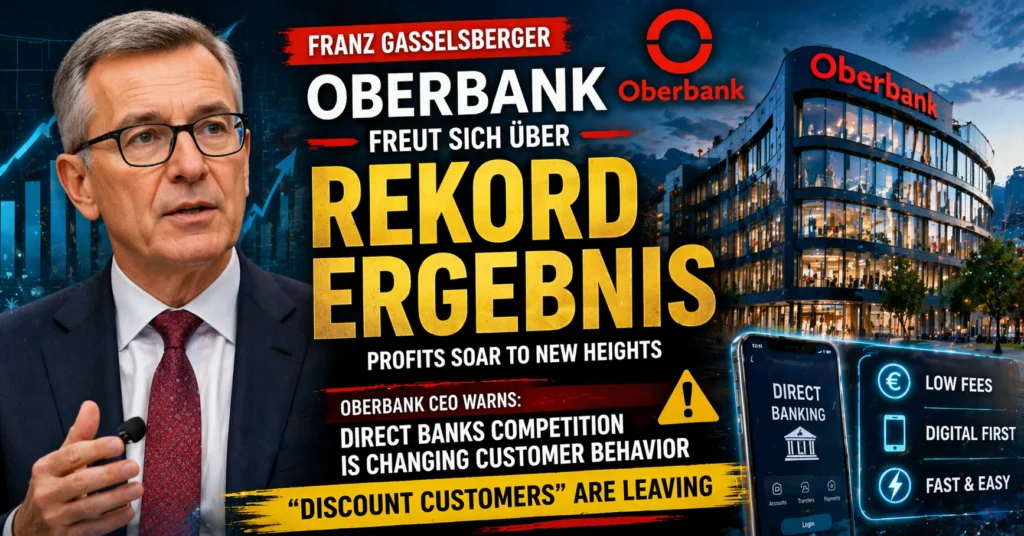 Franz Gasselsberger Oberbank CEO with bank building and graphic showing record profits and rise of direct banking competition