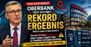Franz Gasselsberger Oberbank CEO with bank building and graphic showing record profits and rise of direct banking competition