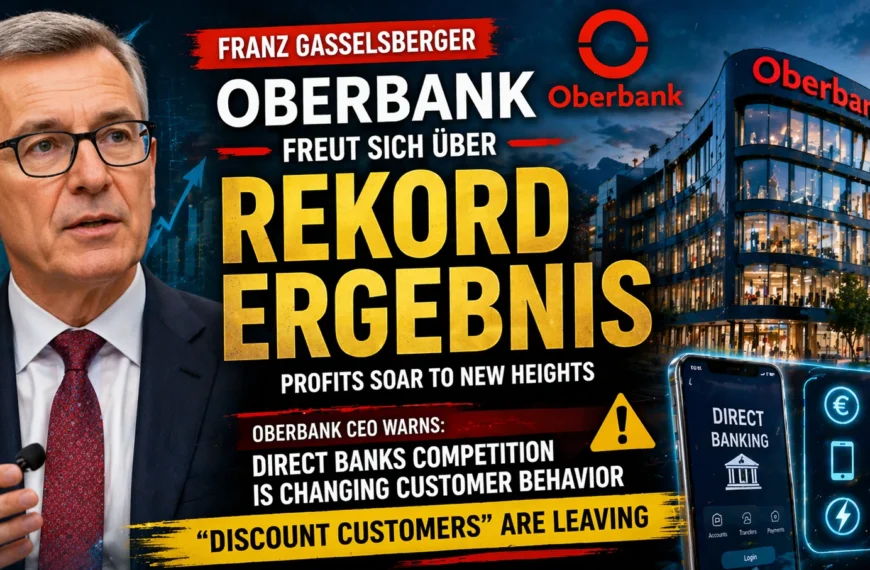 Franz Gasselsberger Oberbank CEO with bank building and graphic showing record profits and rise of direct banking competition