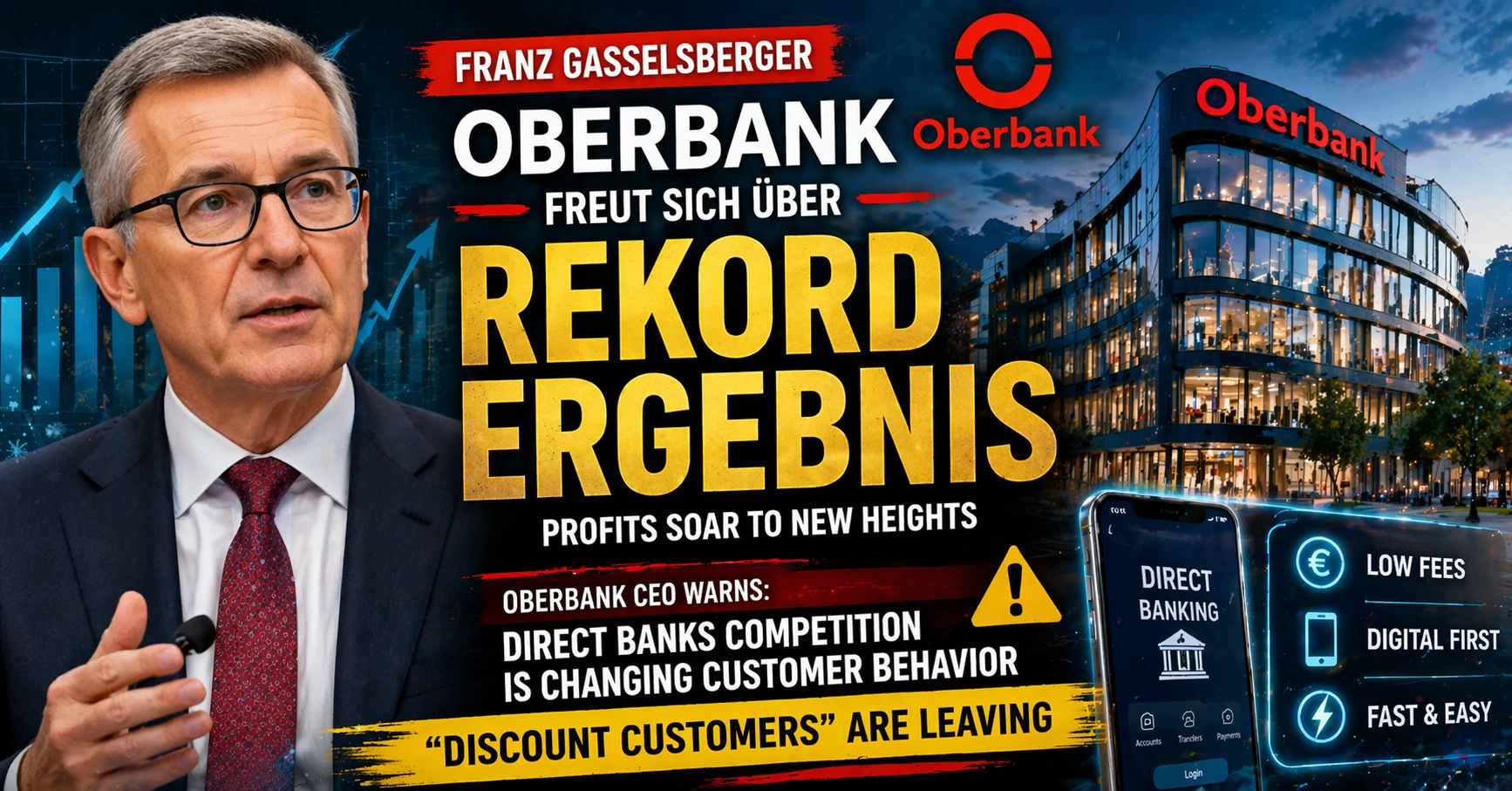 Franz Gasselsberger Oberbank CEO with bank building and graphic showing record profits and rise of direct banking competition