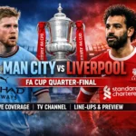 Man City vs Liverpool FA Cup quarter final match graphic featuring Kevin De Bruyne and Mohamed Salah with FA Cup trophy