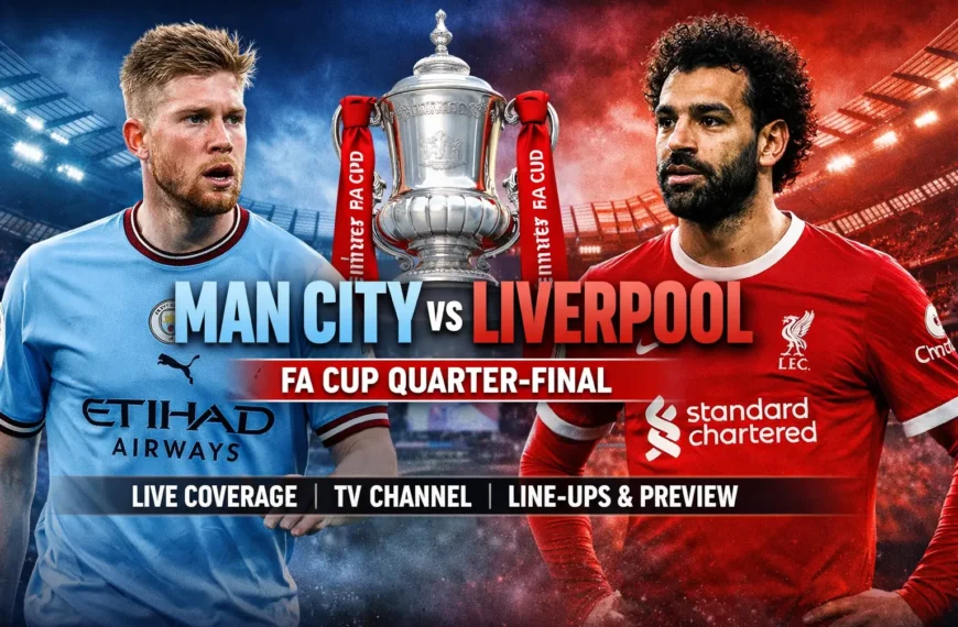 Man City vs Liverpool FA Cup quarter final match graphic featuring Kevin De Bruyne and Mohamed Salah with FA Cup trophy