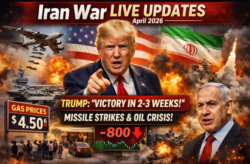 Iran war live updates April 2026 showing Donald Trump speech, missile strikes, oil crisis, gas prices surge, and Middle East conflict visuals