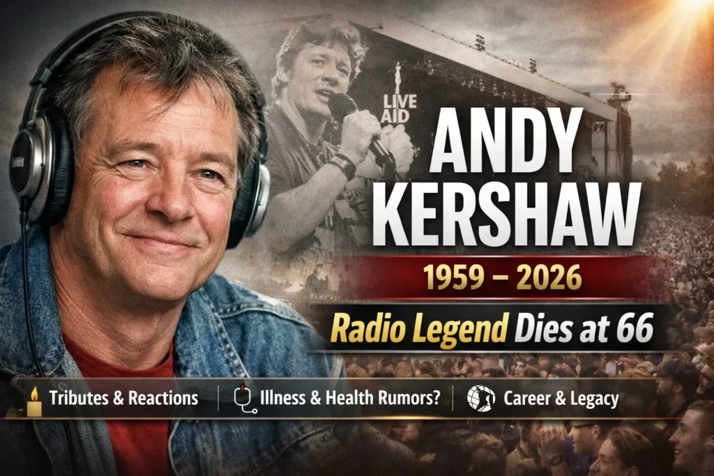 Tribute news banner for British radio presenter Andy Kershaw highlighting his BBC Radio 1 career, Live Aid connection, and legacy in music broadcasting.
