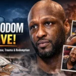 Lamar Odom emotional portrait with hospital scene and images of Kobe Bryant and Khloe Kardashian highlighting his overdose survival and recovery story