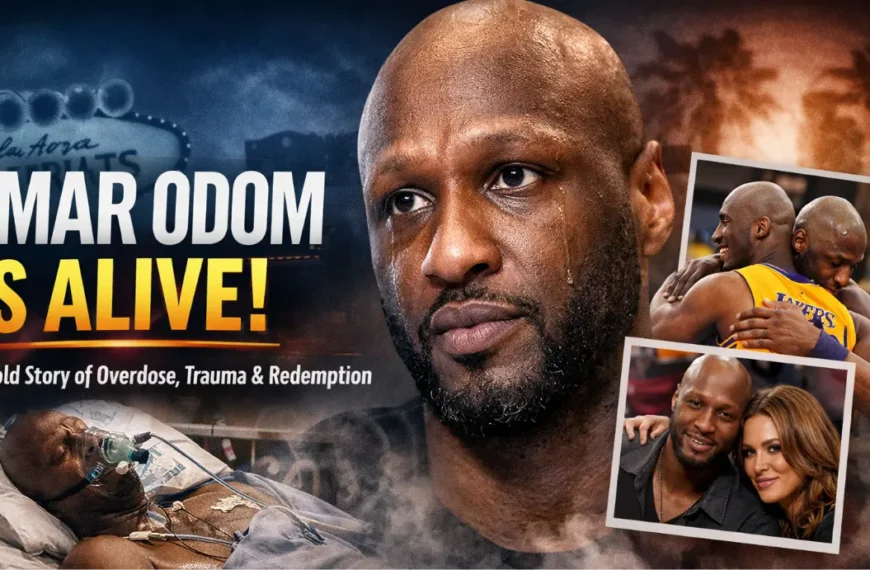 Lamar Odom emotional portrait with hospital scene and images of Kobe Bryant and Khloe Kardashian highlighting his overdose survival and recovery story
