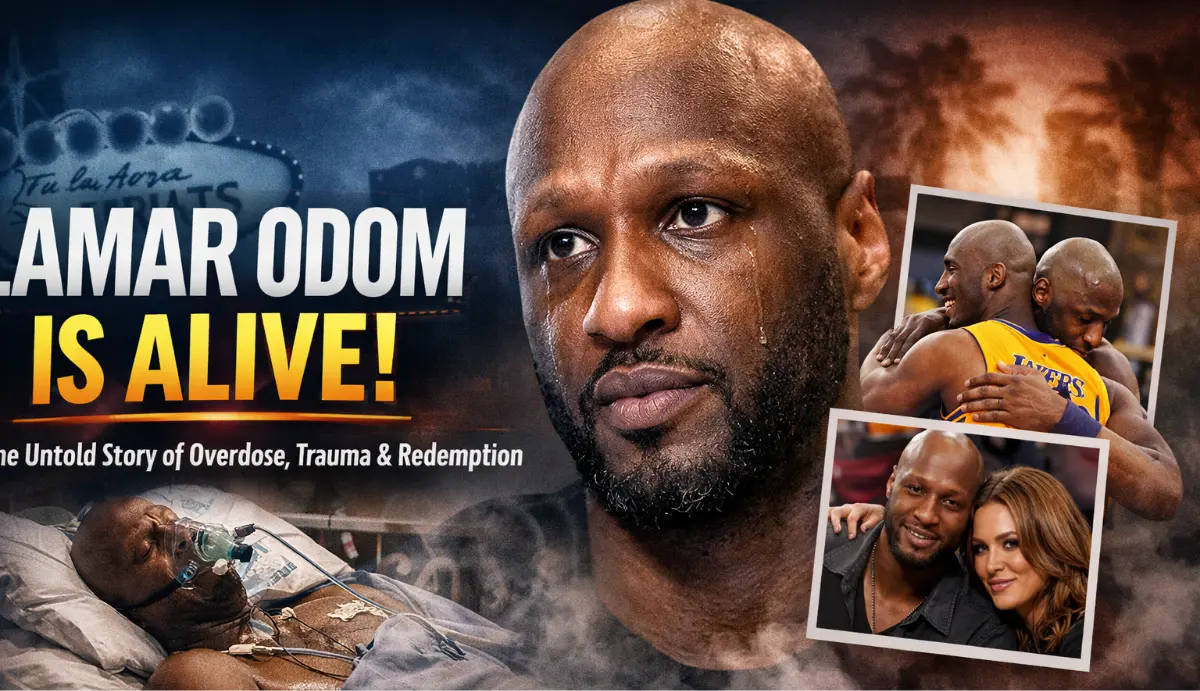 Lamar Odom emotional portrait with hospital scene and images of Kobe Bryant and Khloe Kardashian highlighting his overdose survival and recovery story