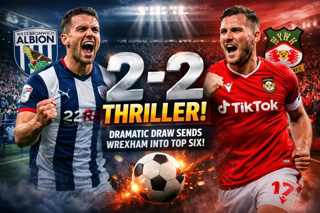 West Brom vs Wrexham 2-2 match graphic showing players from West Bromwich Albion and Wrexham AFC with dramatic stadium background