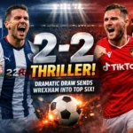 West Brom vs Wrexham 2-2 match graphic showing players from West Bromwich Albion and Wrexham AFC with dramatic stadium background