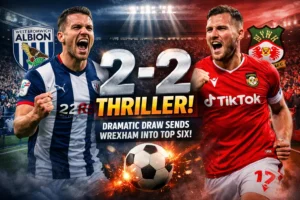 West Brom vs Wrexham 2-2 match graphic showing players from West Bromwich Albion and Wrexham AFC with dramatic stadium background