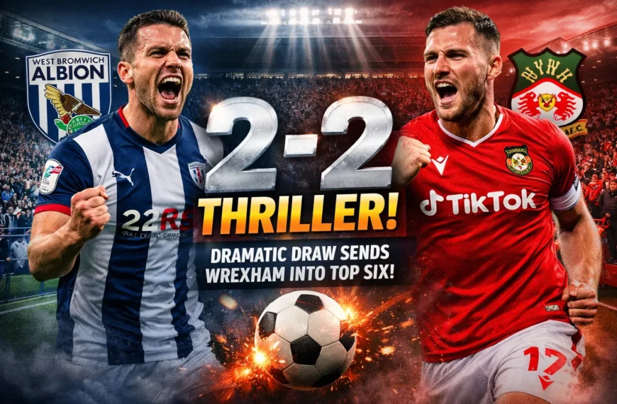 West Brom vs Wrexham 2-2 match graphic showing players from West Bromwich Albion and Wrexham AFC with dramatic stadium background