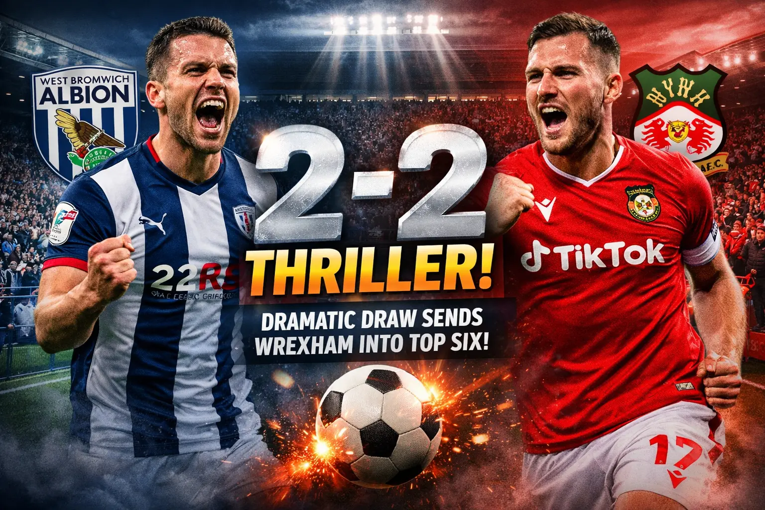 West Brom vs Wrexham 2-2 match graphic showing players from West Bromwich Albion and Wrexham AFC with dramatic stadium background