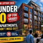 Brooklyn Housing Lottery 2026 banner showing affordable apartments under $900 with modern building and NYC skyline