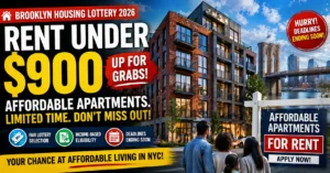 Brooklyn Housing Lottery 2026 banner showing affordable apartments under $900 with modern building and NYC skyline