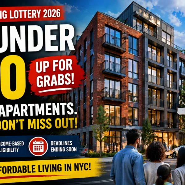 Brooklyn Housing Lottery 2026 banner showing affordable apartments under $900 with modern building and NYC skyline