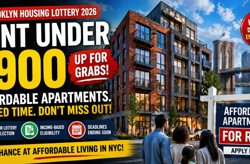 Brooklyn Housing Lottery 2026 banner showing affordable apartments under $900 with modern building and NYC skyline
