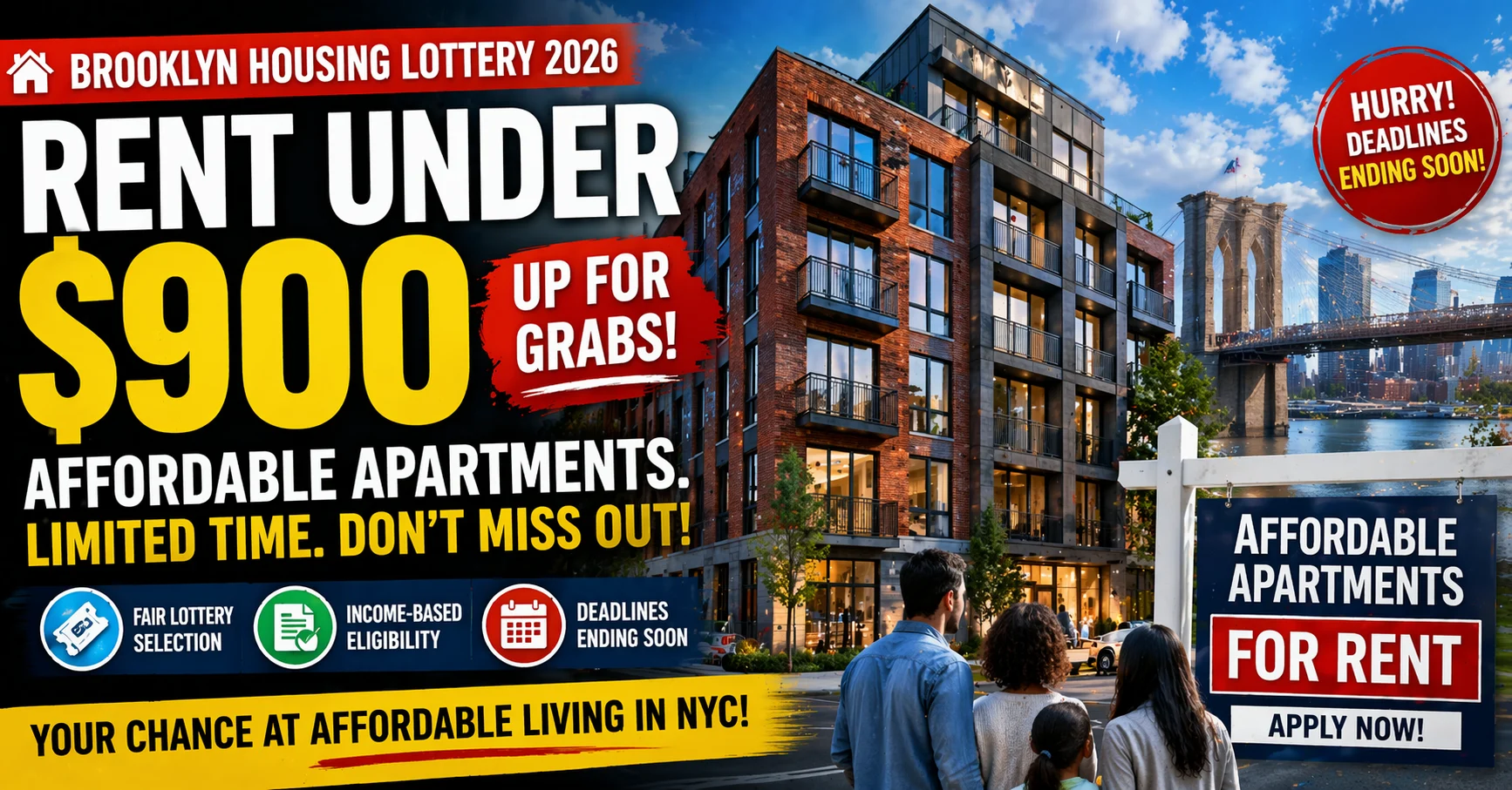 Brooklyn Housing Lottery 2026 banner showing affordable apartments under $900 with modern building and NYC skyline