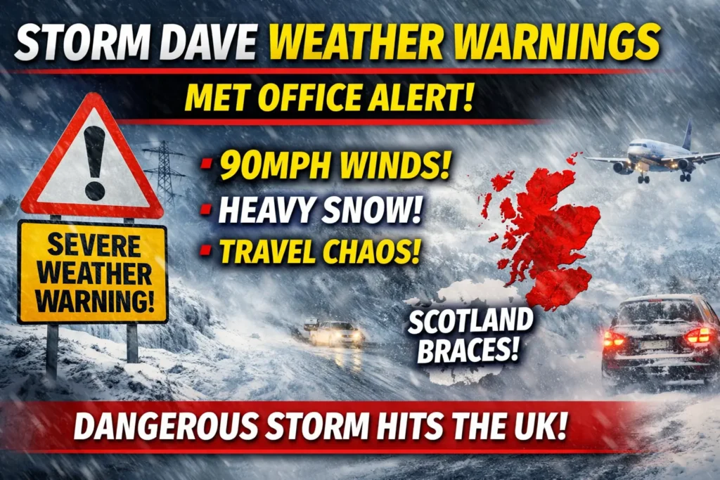 Storm Dave weather warnings Met Office showing 90mph winds heavy snow and travel disruption across UK