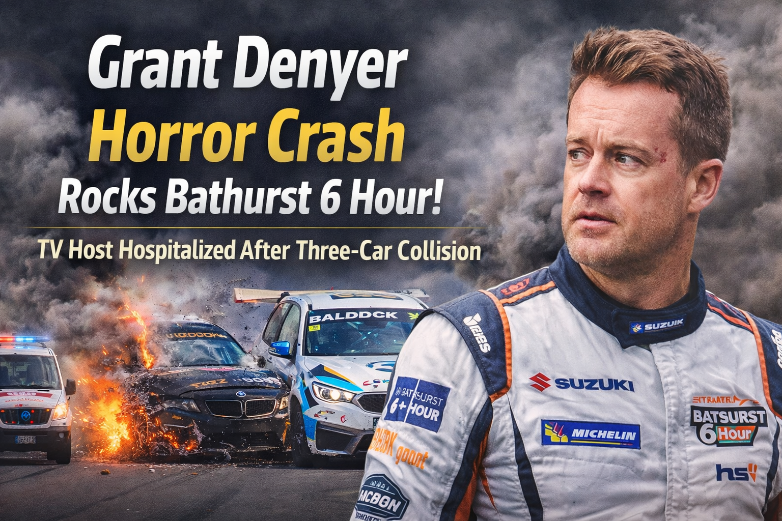 Grant Denyer crash at Bathurst 6 Hour showing multi-car collision with fire and emergency response on trac