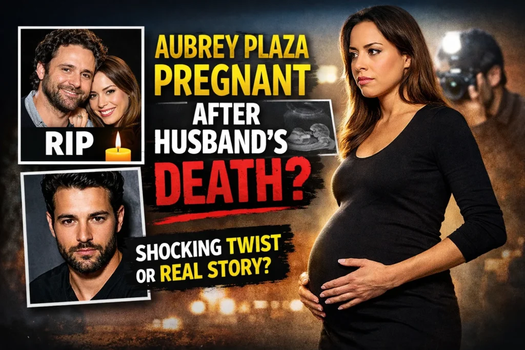 Aubrey Plaza pregnancy news thumbnail showing actress with baby bump, husband Jeff Baena tribute image and Christopher Abbott, questioning viral pregnancy rumors after husband’s death