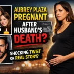 Aubrey Plaza pregnancy news thumbnail showing actress with baby bump, husband Jeff Baena tribute image and Christopher Abbott, questioning viral pregnancy rumors after husband’s death