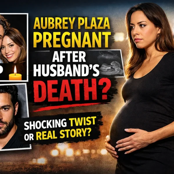 Aubrey Plaza pregnancy news thumbnail showing actress with baby bump, husband Jeff Baena tribute image and Christopher Abbott, questioning viral pregnancy rumors after husband’s death