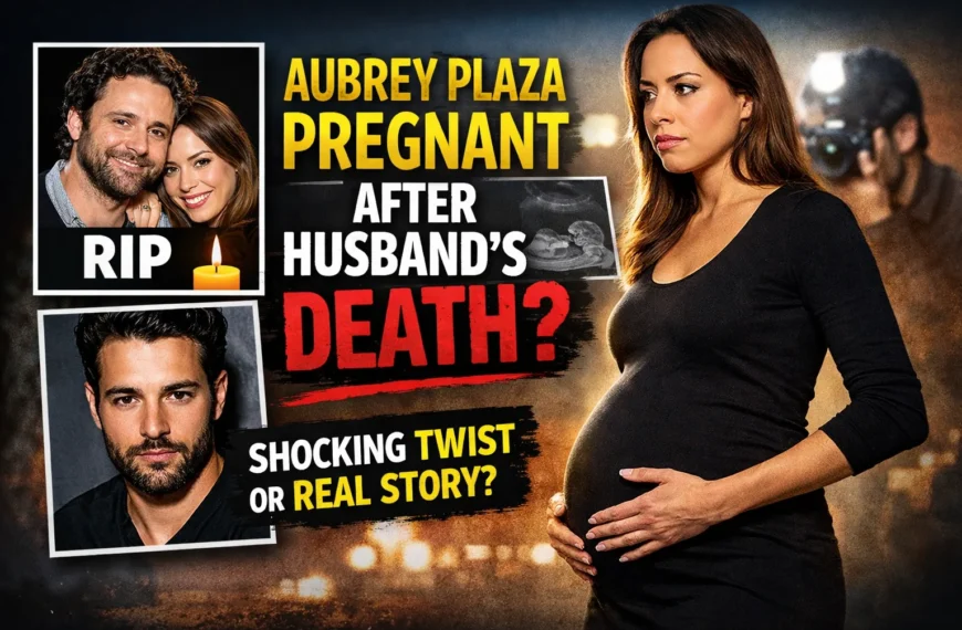 Aubrey Plaza pregnancy news thumbnail showing actress with baby bump, husband Jeff Baena tribute image and Christopher Abbott, questioning viral pregnancy rumors after husband’s death