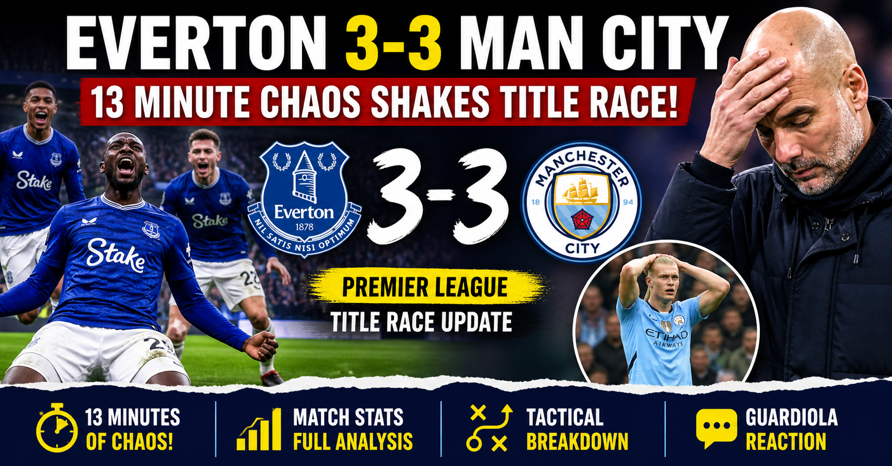 Everton vs Manchester City 3-3 dramatic match moment showing Premier League title race tension