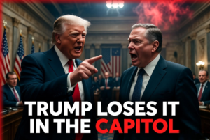 Donald Trump angrily pointing and shouting at Senator Bill Cassidy during a heated confrontation inside the US Capitol.