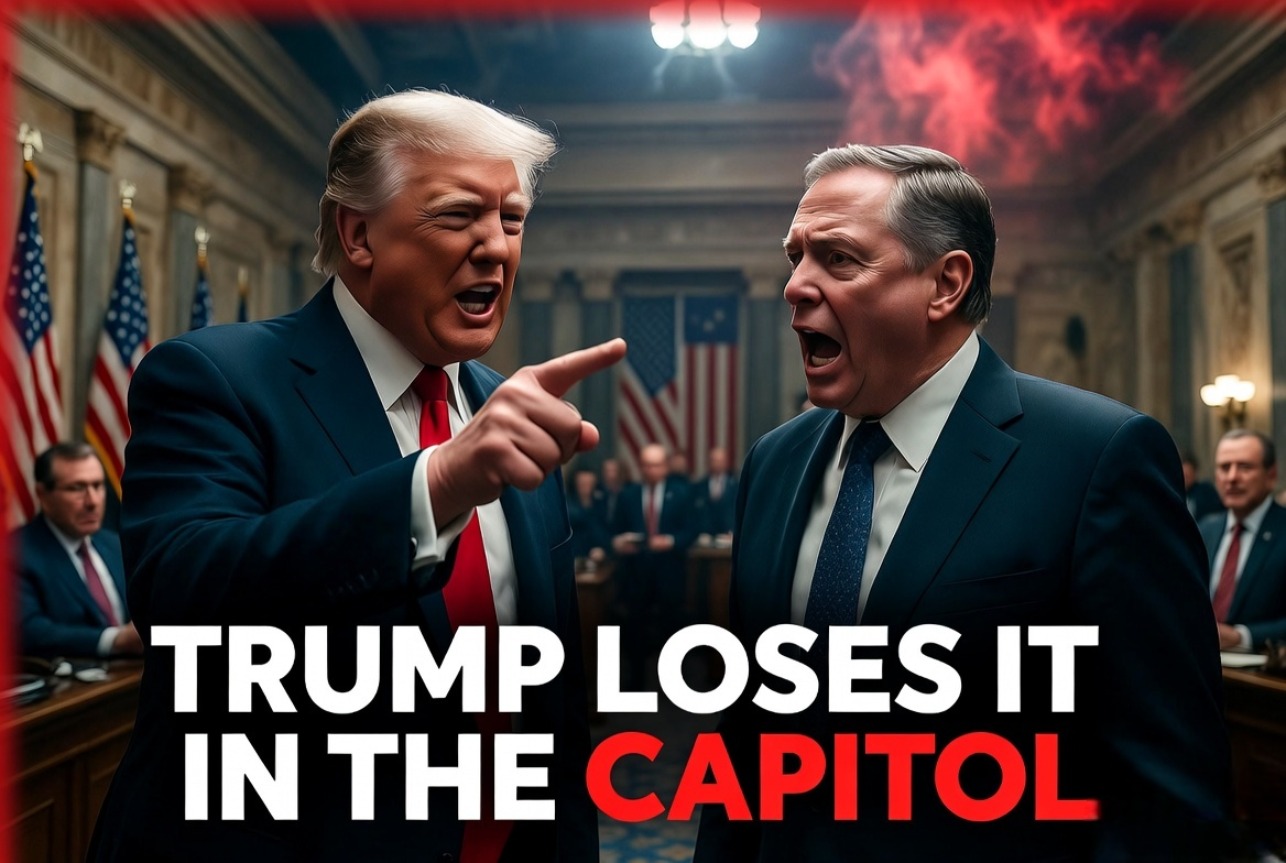 Donald Trump angrily pointing and shouting at Senator Bill Cassidy during a heated confrontation inside the US Capitol.